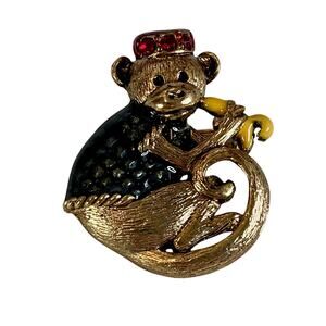 Vintage 60s Danecraft Monkey Brooch w/ Banana, Red Rhinestone Hat & Enamel Vest